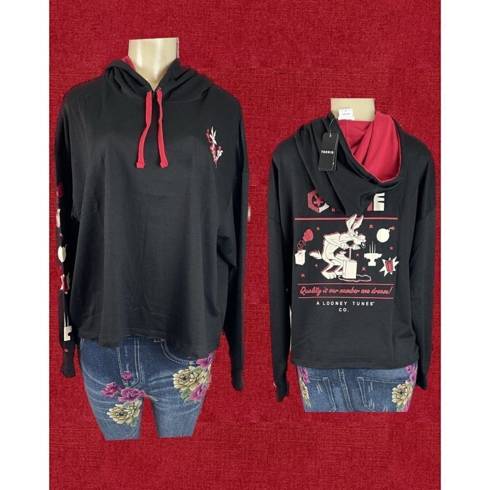 Warner Bros 1-XL Black Looney Tunes ACME Graphic Long Sleeve Crop Hoodie Top